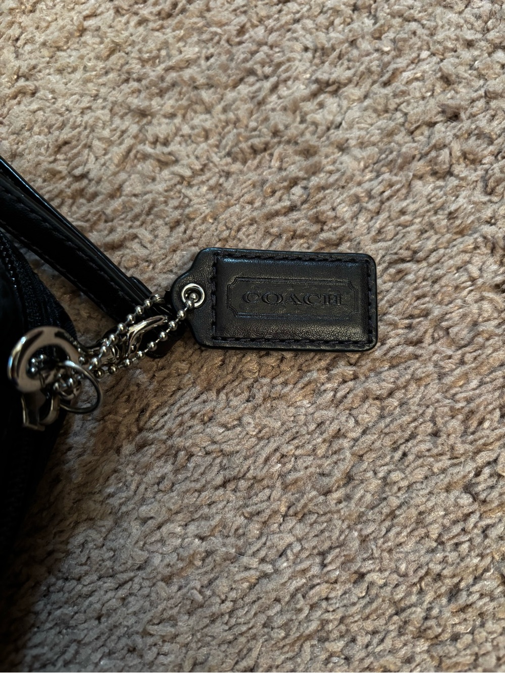 Coach Black Leather Logo Bag Charm with Silver Chain
